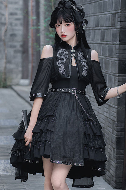 Lolita JSK Dress - Dark Boat Neck Dragon Print, Black, High Waist, Printed, Gothic Style - additional product view 2