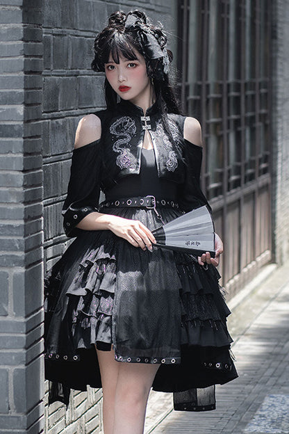 Lolita JSK Dress - Dark Boat Neck Dragon Print, Black, High Waist, Printed, Gothic Style - additional product view 3