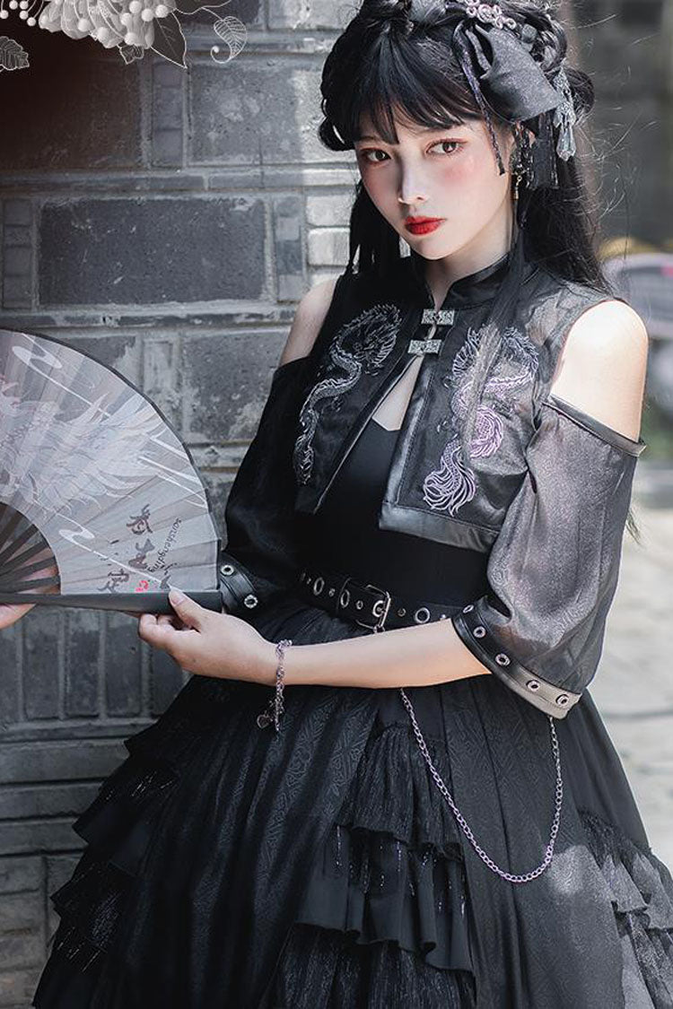 Lolita JSK Dress - Dark Boat Neck Dragon Print, Black, High Waist, Printed, Gothic Style - additional product view 4