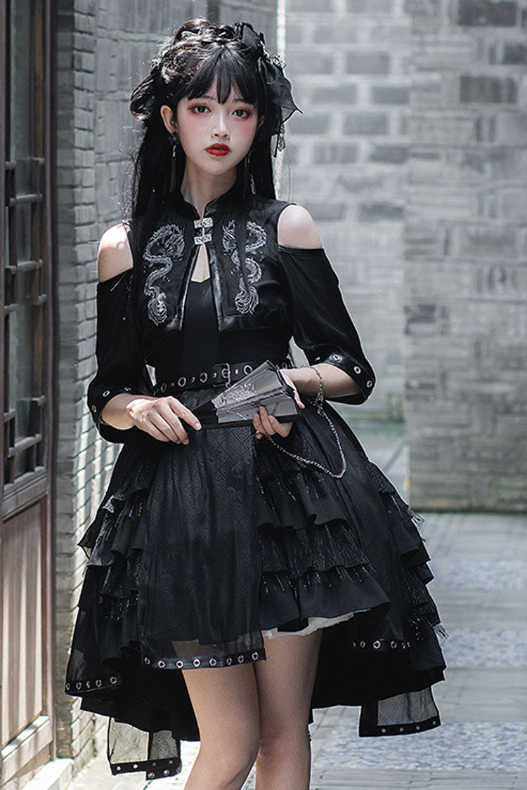 Lolita JSK Dress - Dark Boat Neck Dragon Print, Black, High Waist, Printed, Gothic Style - additional product view 5