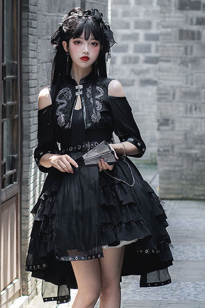 Lolita JSK Dress - Dark Boat Neck Dragon Print, Black, High Waist, Printed, Gothic Style - additional product view 5