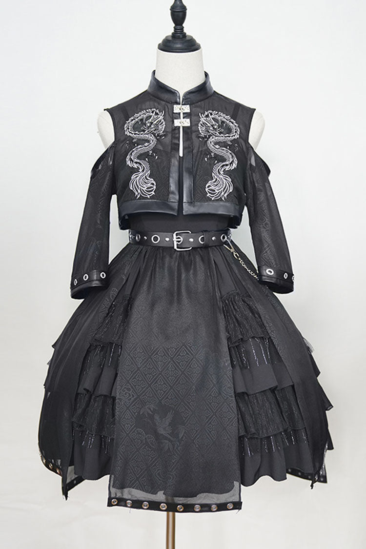 Lolita JSK Dress - Dark Boat Neck Dragon Print, Black, High Waist, Printed, Gothic Style - main product image