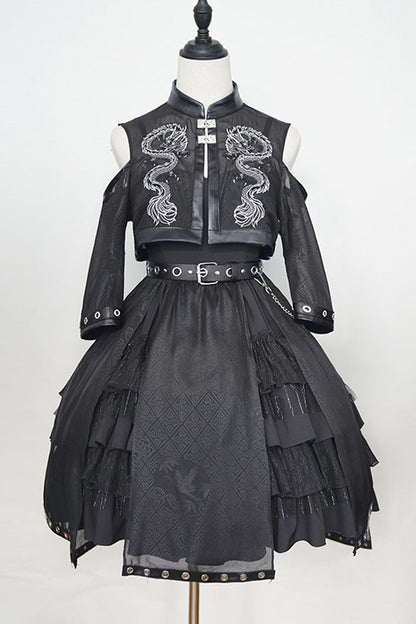 Lolita JSK Dress - Dark Boat Neck Dragon Print, Black, High Waist, Printed, Gothic Style - main product image