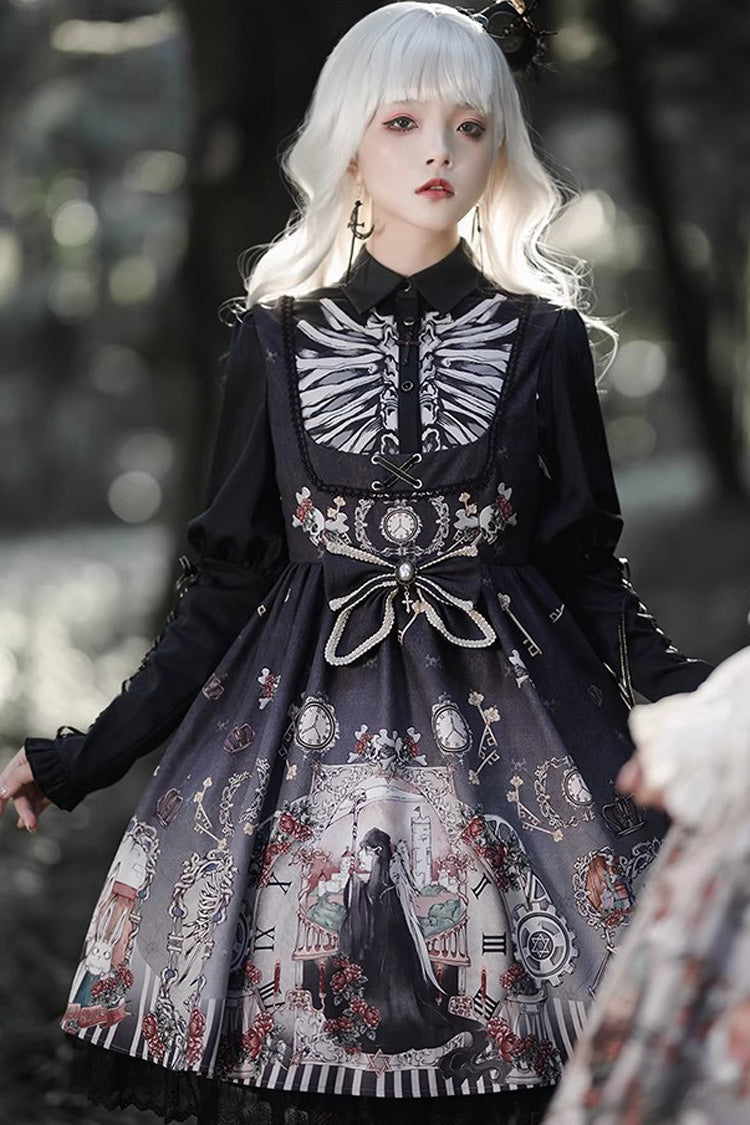 Lolita JSK Dress - Dark Fairy Tale Print, 2 Colors, Bow Detail, Ruffled, Printed - additional product view 2