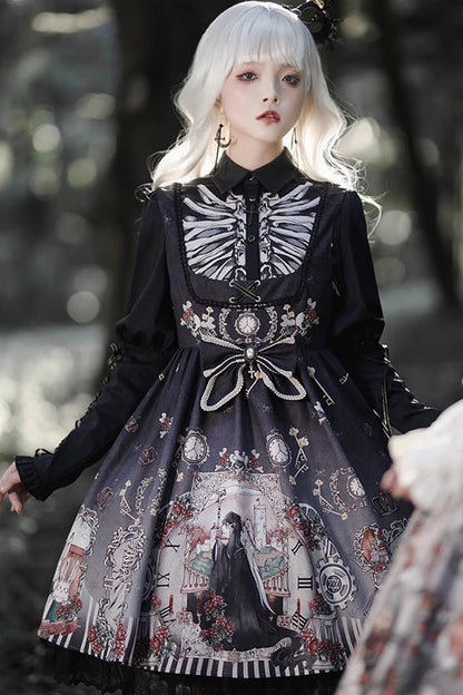 Lolita JSK Dress - Dark Fairy Tale Print, 2 Colors, Bow Detail, Ruffled, Printed - additional product view 2