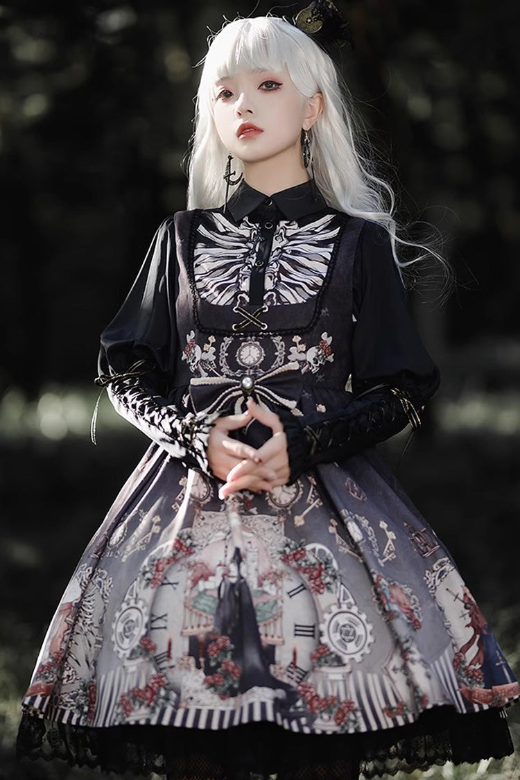 Lolita JSK Dress - Dark Fairy Tale Print, 2 Colors, Bow Detail, Ruffled, Printed - additional product view 5