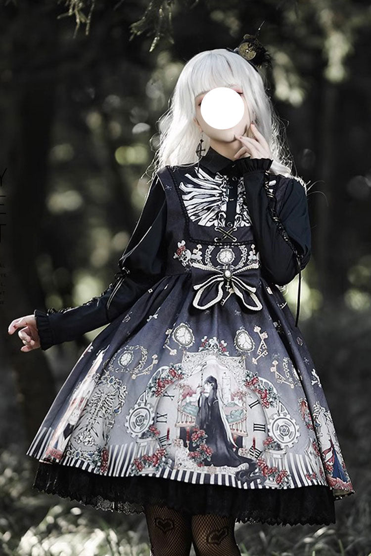 Lolita JSK Dress - Dark Fairy Tale Print, 2 Colors, Bow Detail, Ruffled, Printed - main product image