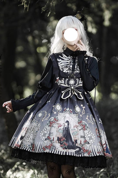 Lolita JSK Dress - Dark Fairy Tale Print, 2 Colors, Bow Detail, Ruffled, Printed - main product image