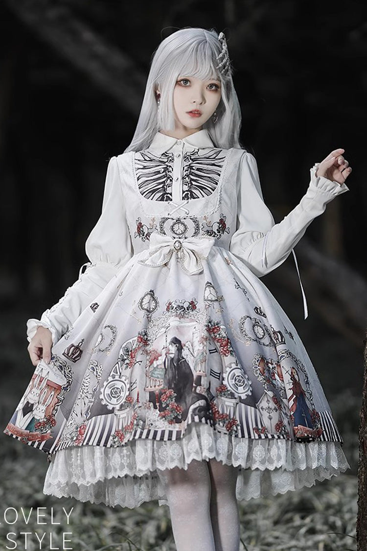 Lolita JSK Dress - Dark Fairy Tale Print, 2 Colors, Bow Detail, Ruffled, Printed - S White / M White / L White option