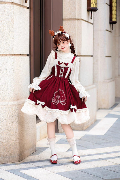 Lolita JSK Dress - Deer Print, 2 Colors, Embroidered, Sweet Style, Bow Detail - additional product view 2
