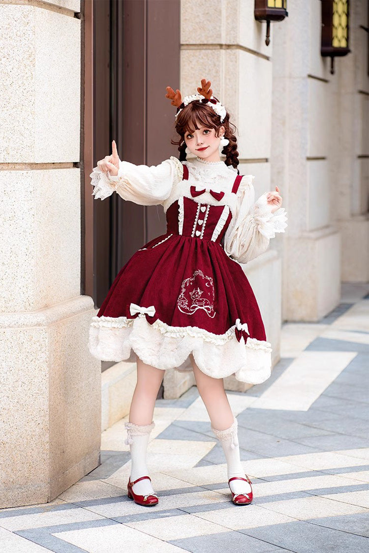 Lolita JSK Dress - Deer Print, 2 Colors, Embroidered, Sweet Style, Bow Detail - additional product view 3