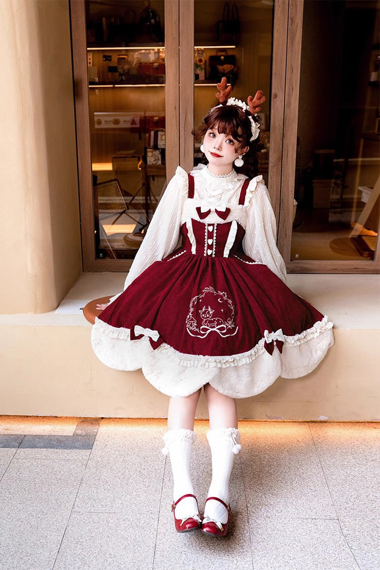 Lolita JSK Dress - Deer Print, 2 Colors, Embroidered, Sweet Style, Bow Detail - additional product view 4