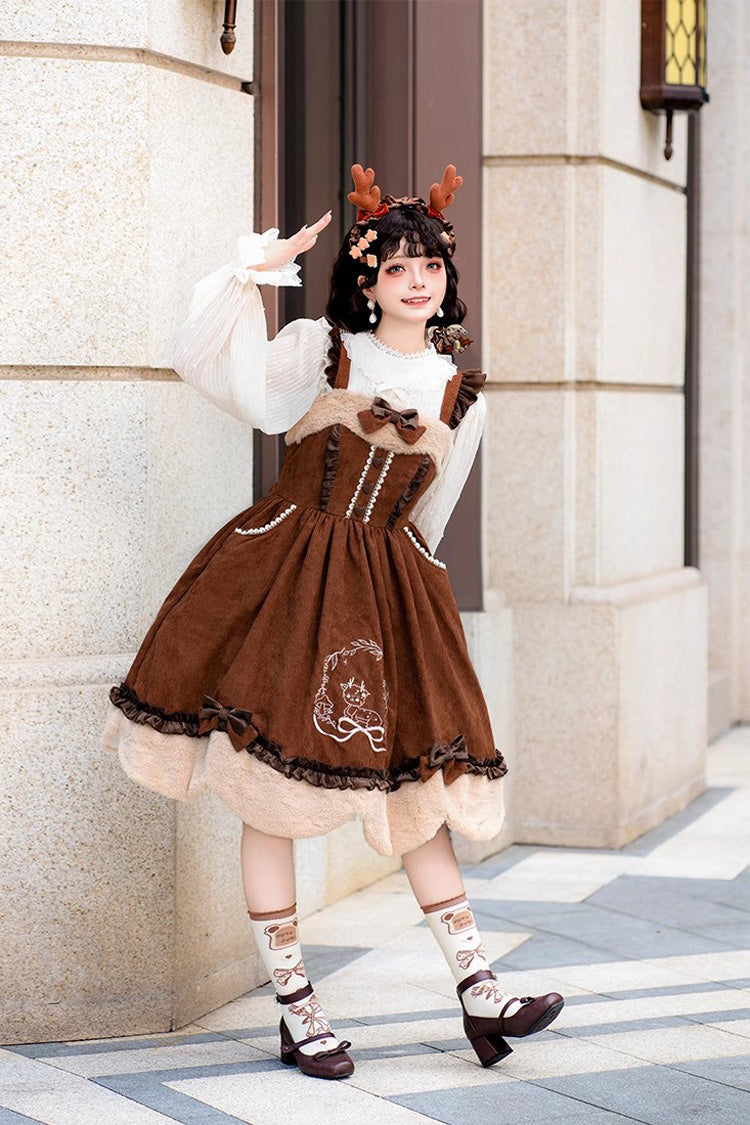 Lolita JSK Dress - Deer Print, 2 Colors, Embroidered, Sweet Style, Bow Detail - additional product view 6