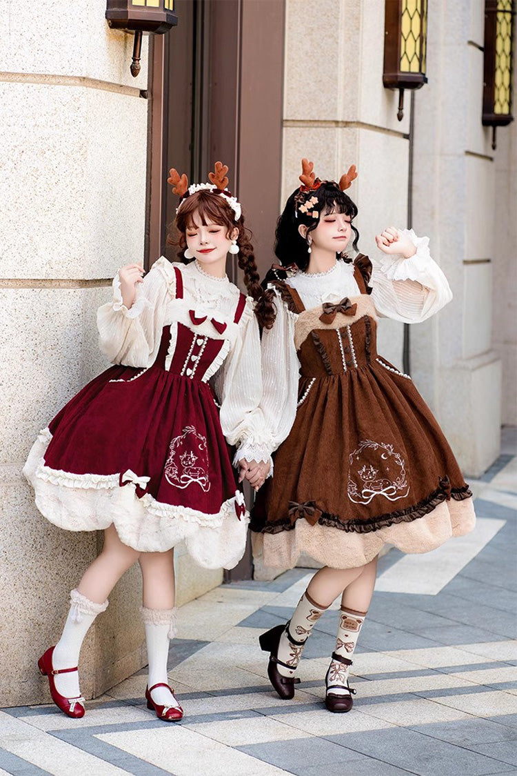Lolita JSK Dress - Deer Print, 2 Colors, Embroidered, Sweet Style, Bow Detail - additional product view 7