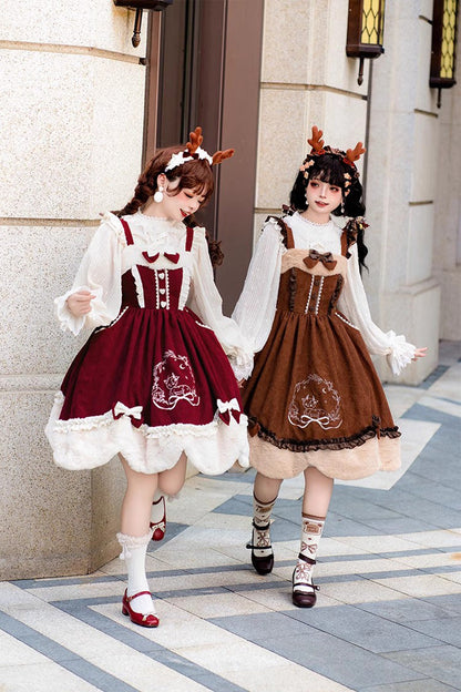 Lolita JSK Dress - Deer Print, 2 Colors, Embroidered, Sweet Style, Bow Detail - additional product view 10