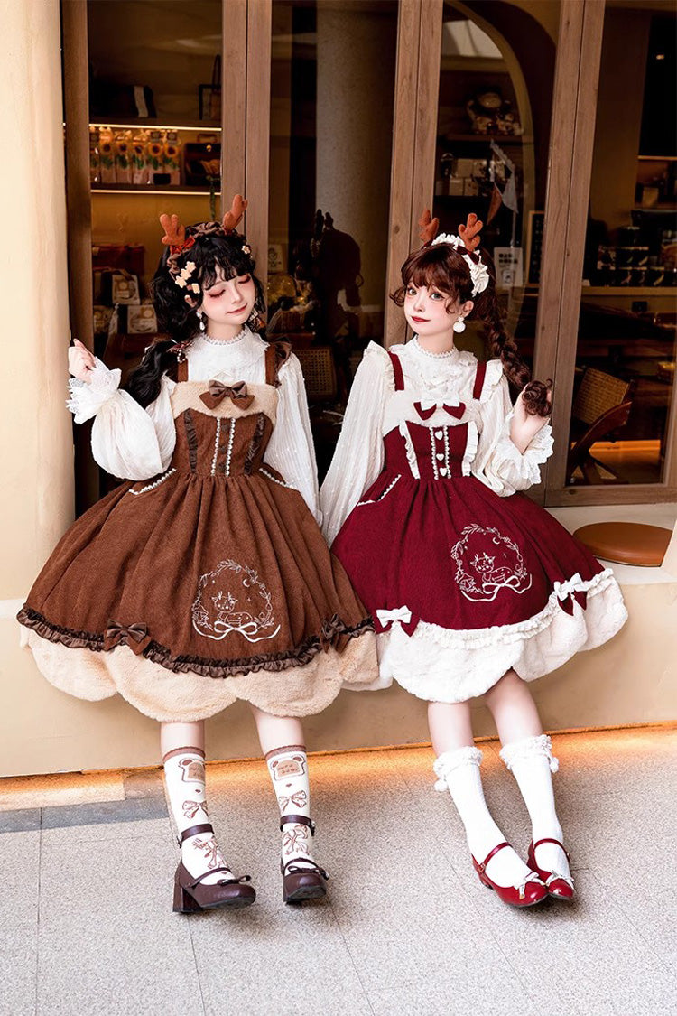 Lolita JSK Dress - Deer Print, 2 Colors, Embroidered, Sweet Style, Bow Detail - additional product view 12