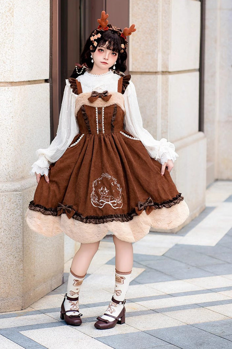 Lolita JSK Dress - Deer Print, 2 Colors, Embroidered, Sweet Style, Bow Detail - S Brown / L Brown option