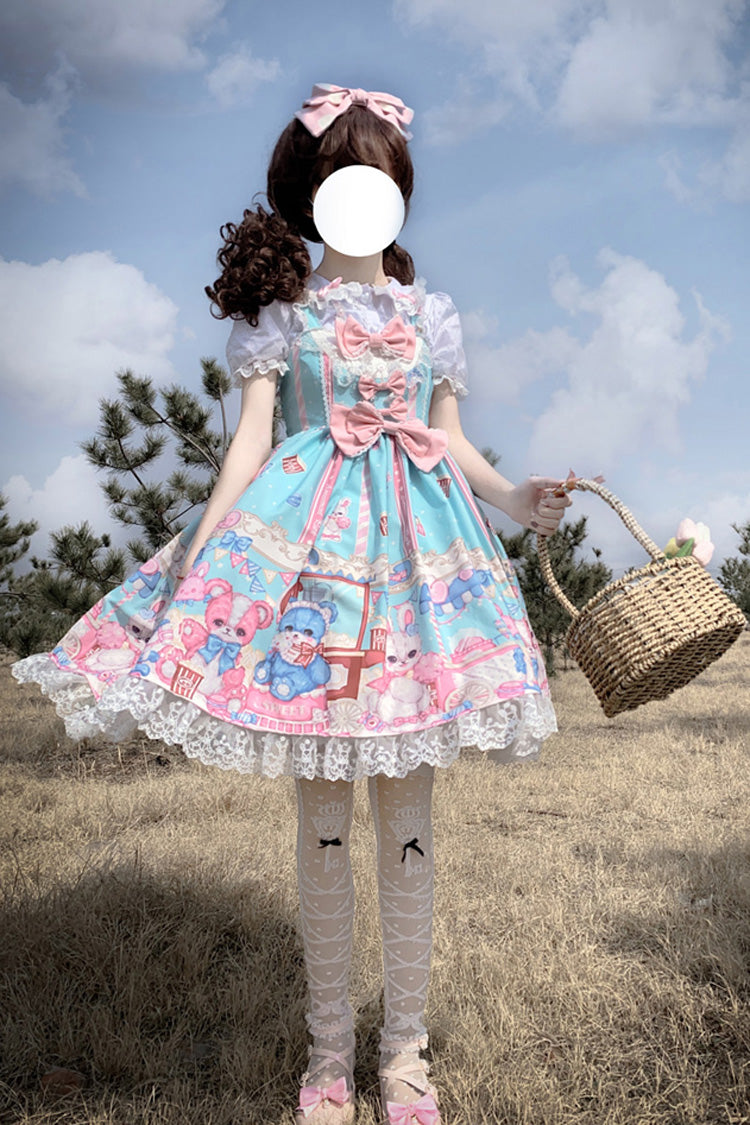 Lolita JSK Dress - Doll Playground Print, Green, Sweet Style, Bow Detail, Ruffled - additional product view 2