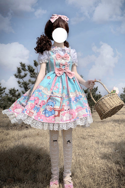 Lolita JSK Dress - Doll Playground Print, Green, Sweet Style, Bow Detail, Ruffled - additional product view 2