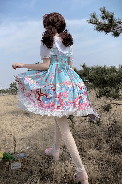 Lolita JSK Dress - Doll Playground Print, Green, Sweet Style, Bow Detail, Ruffled - additional product view 3