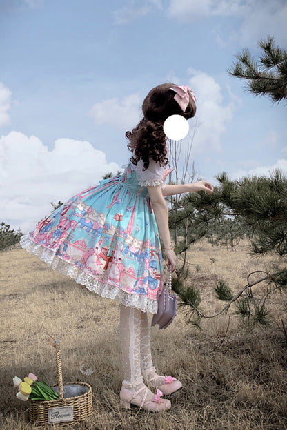Lolita JSK Dress - Doll Playground Print, Green, Sweet Style, Bow Detail, Ruffled - additional product view 5