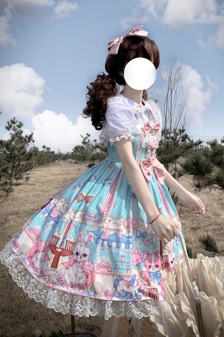 Lolita JSK Dress - Doll Playground Print, Green, Sweet Style, Bow Detail, Ruffled - additional product view 6