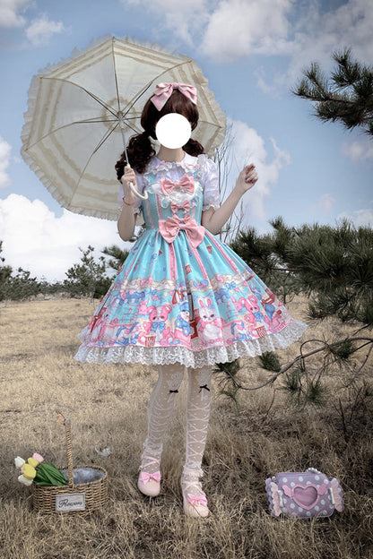 Lolita JSK Dress - Doll Playground Print, Green, Sweet Style, Bow Detail, Ruffled - additional product view 7