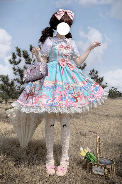 Lolita JSK Dress - Doll Playground Print, Green, Sweet Style, Bow Detail, Ruffled - additional product view 8