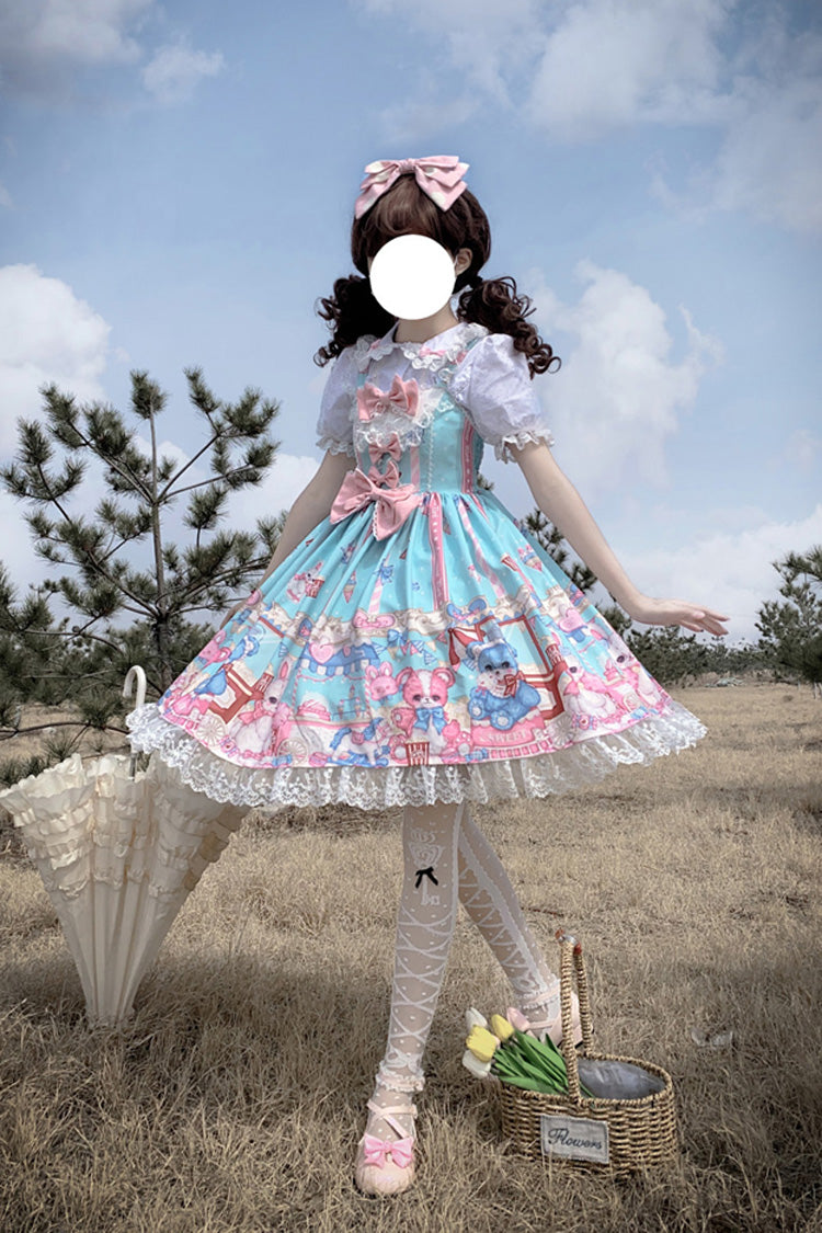 Lolita JSK Dress - Doll Playground Print, Green, Sweet Style, Bow Detail, Ruffled - additional product view 9
