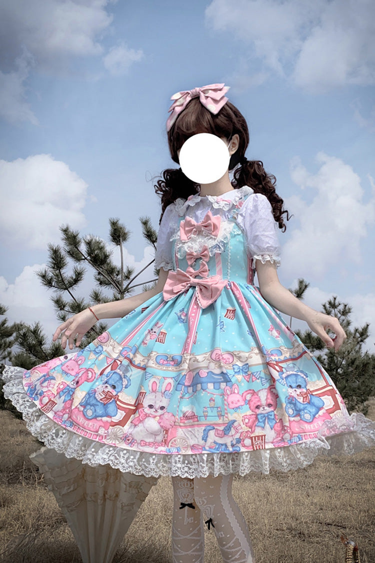 Lolita JSK Dress - Doll Playground Print, Green, Sweet Style, Bow Detail, Ruffled - main product image