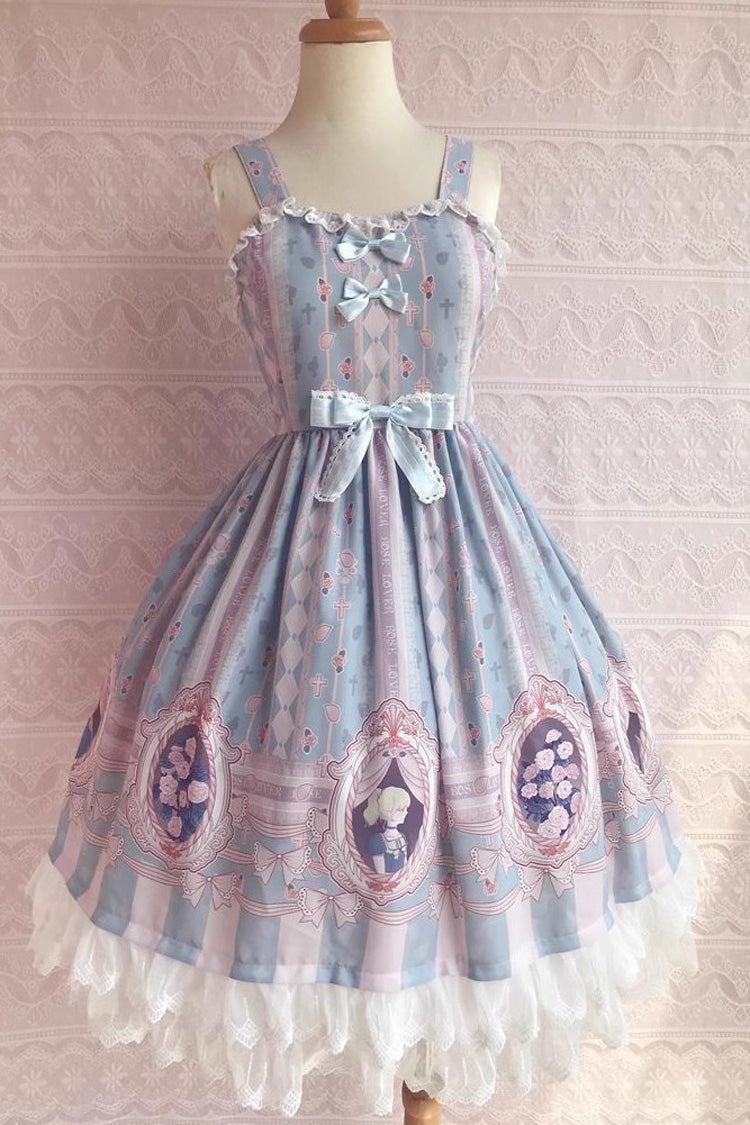 Lolita JSK Dress - Double Layer Rose Lover's Dream, 3 Colors, Ruffled, Printed - XS Blue / S Blue / M Blue option