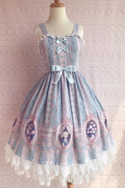 Lolita JSK Dress - Double Layer Rose Lover's Dream, 3 Colors, Ruffled, Printed - XS Blue / S Blue / M Blue option