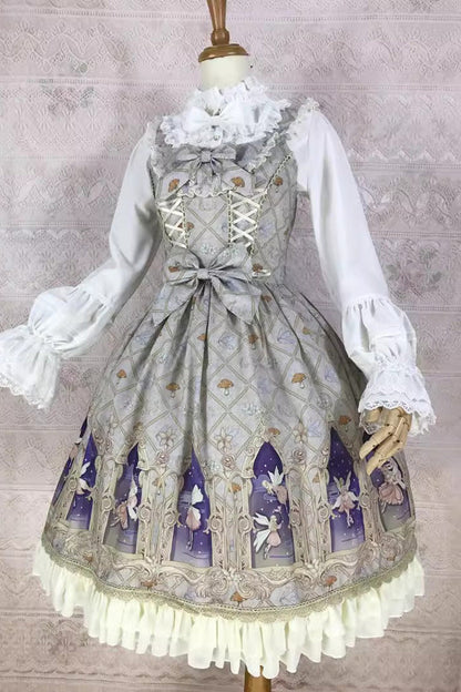Lolita JSK Dress - Dream Elf Print, 6 Colors, Sweet Style, Bow Detail, Ruffled - XS Apricot / S Apricot / M Apricot option