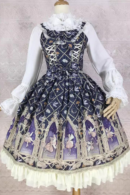 Lolita JSK Dress - Dream Elf Print, 6 Colors, Sweet Style, Bow Detail, Ruffled - XS Black/Purple / S Black/Purple / M Black/Purple option