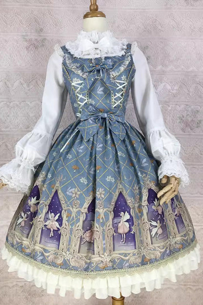 Lolita JSK Dress - Dream Elf Print, 6 Colors, Sweet Style, Bow Detail, Ruffled - XS Dark-green / S Dark-green / M Dark-green option