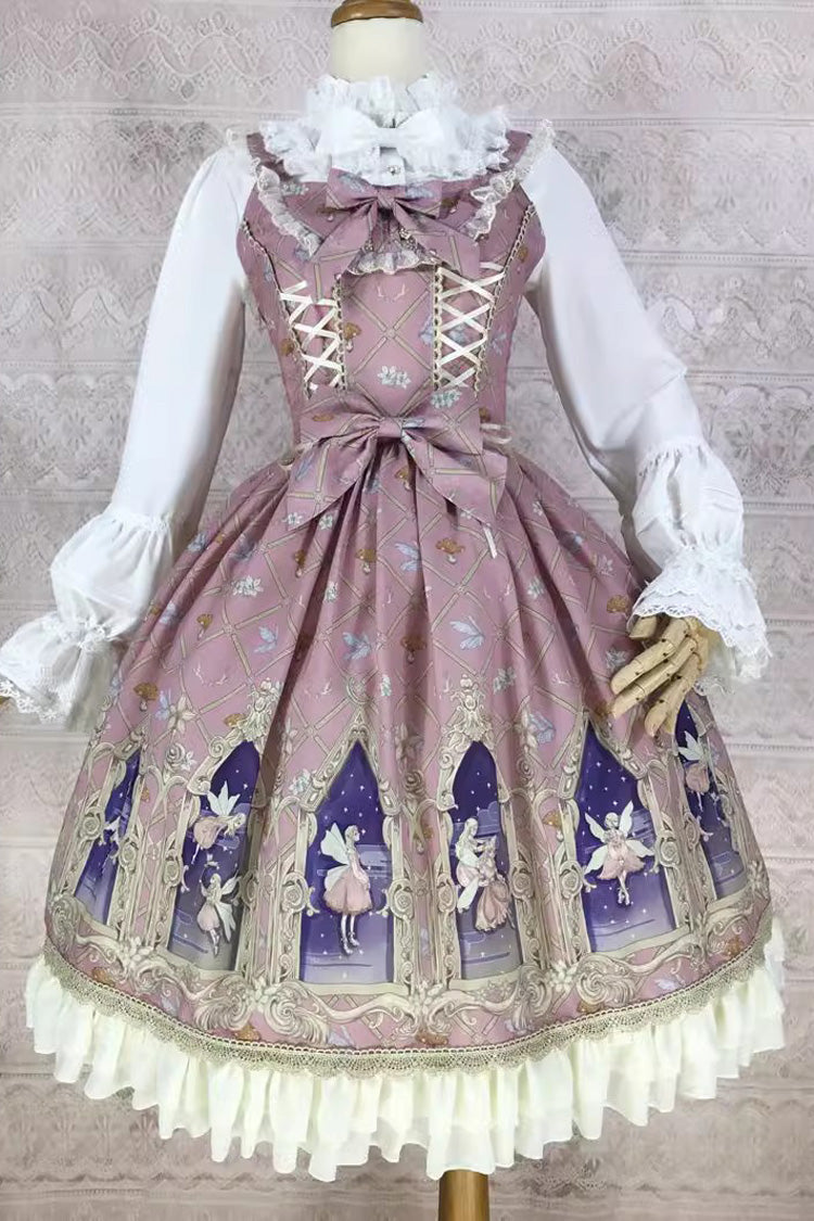 Lolita JSK Dress - Dream Elf Print, 6 Colors, Sweet Style, Bow Detail, Ruffled - XS Pink / S Pink / M Pink option