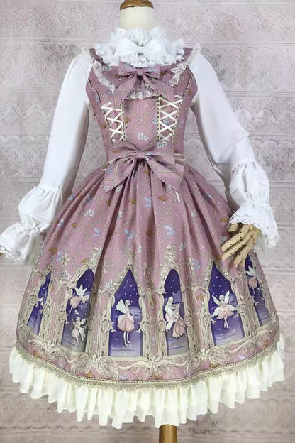 Lolita JSK Dress - Dream Elf Print, 6 Colors, Sweet Style, Bow Detail, Ruffled - XS Pink / S Pink / M Pink option