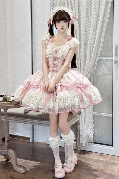 Lolita JSK Dress - Dreaming Butterfly, Pink, Lace Trim, Ruffled, Layered - additional product view 4