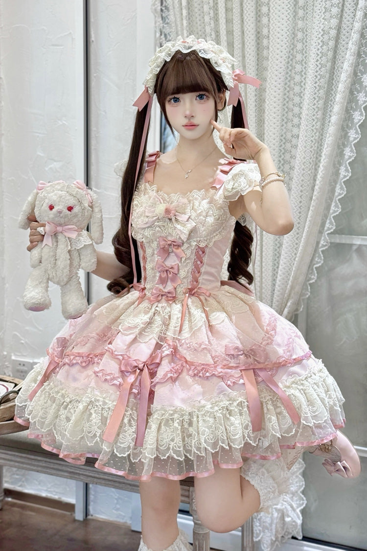 Lolita JSK Dress - Dreaming Butterfly, Pink, Lace Trim, Ruffled, Layered - main product image