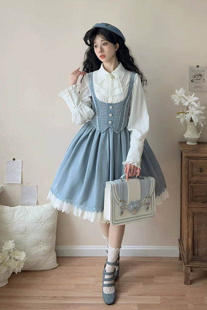 Lolita JSK Dress - Dreamlike Realm, 13 Colors, Ruffled, Printed, Embroidered - S Blue(Short) / M Blue(Short) / L Blue(Short) option