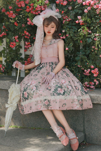 Lolita JSK Dress - Elegant Vintage French Rose, Pink, Printed, Classic Style, Ruffled - additional product view 2