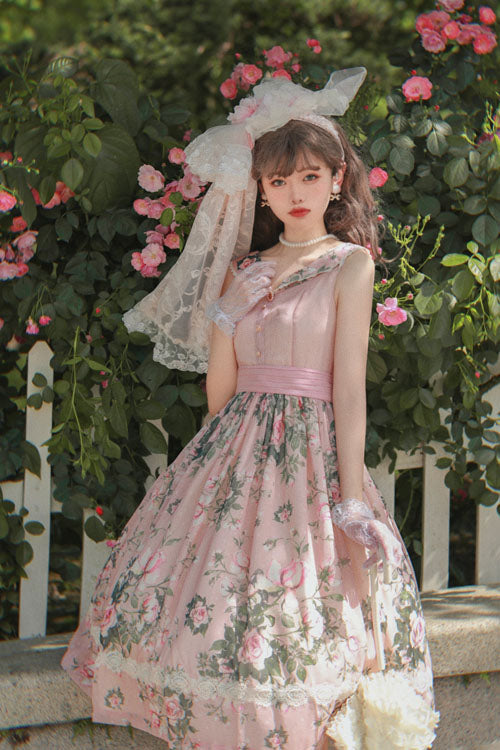 Lolita JSK Dress - Elegant Vintage French Rose, Pink, Printed, Classic Style, Ruffled - additional product view 3