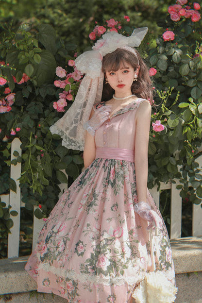 Lolita JSK Dress - Elegant Vintage French Rose, Pink, Printed, Classic Style, Ruffled - additional product view 3