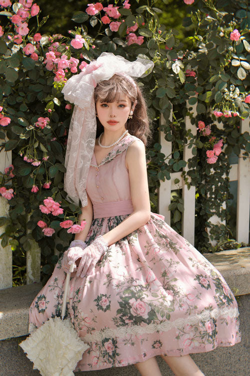 Lolita JSK Dress - Elegant Vintage French Rose, Pink, Printed, Classic Style, Ruffled - additional product view 4