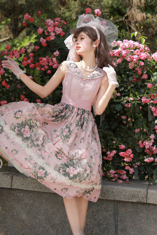 Lolita JSK Dress - Elegant Vintage French Rose, Pink, Printed, Classic Style, Ruffled - additional product view 5