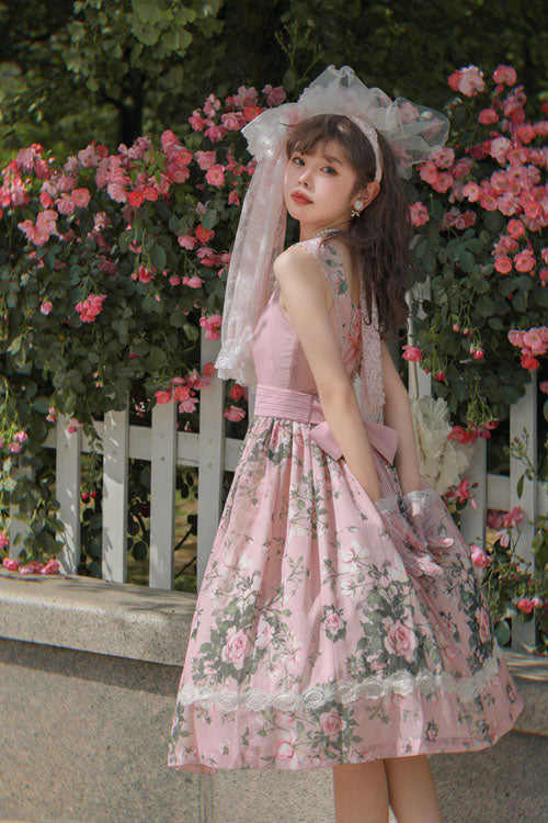 Lolita JSK Dress - Elegant Vintage French Rose, Pink, Printed, Classic Style, Ruffled - additional product view 6