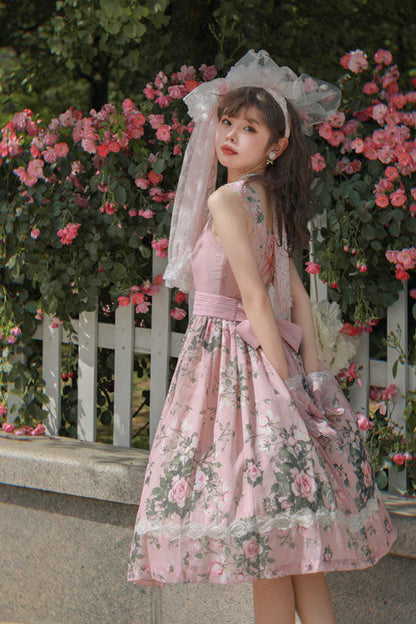 Lolita JSK Dress - Elegant Vintage French Rose, Pink, Printed, Classic Style, Ruffled - additional product view 6