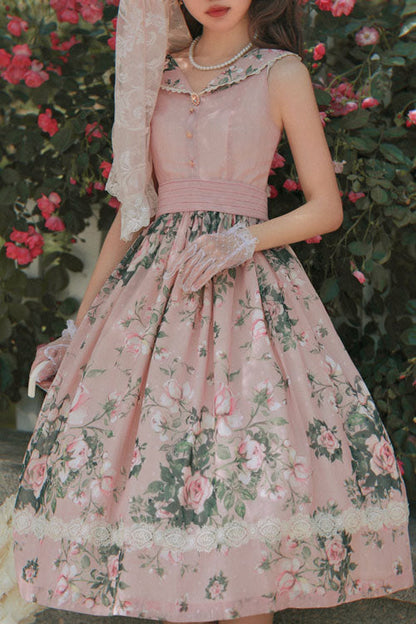 Lolita JSK Dress - Elegant Vintage French Rose, Pink, Printed, Classic Style, Ruffled - main product image