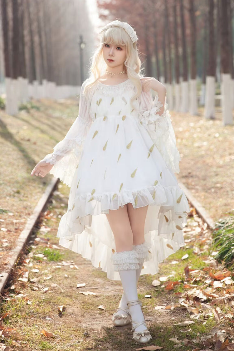 Lolita JSK Dress - Feather Snowflake Embroidery, 3 Colors, Bow Detail, Ruffled, Printed - additional product view 2