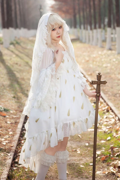 Lolita JSK Dress - Feather Snowflake Embroidery, 3 Colors, Bow Detail, Ruffled, Printed - additional product view 3